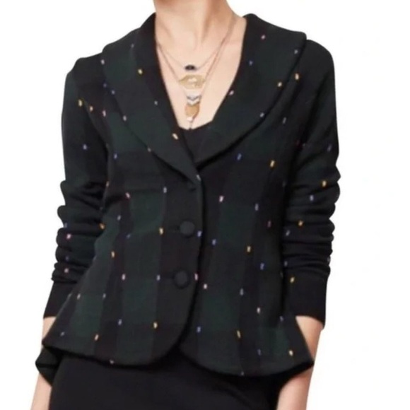Anthropologie Jackets & Blazers - HWR Anthropologie WOOL Blend Green Black‎ Plaid Blazer Women’s Sweater MEDIUM